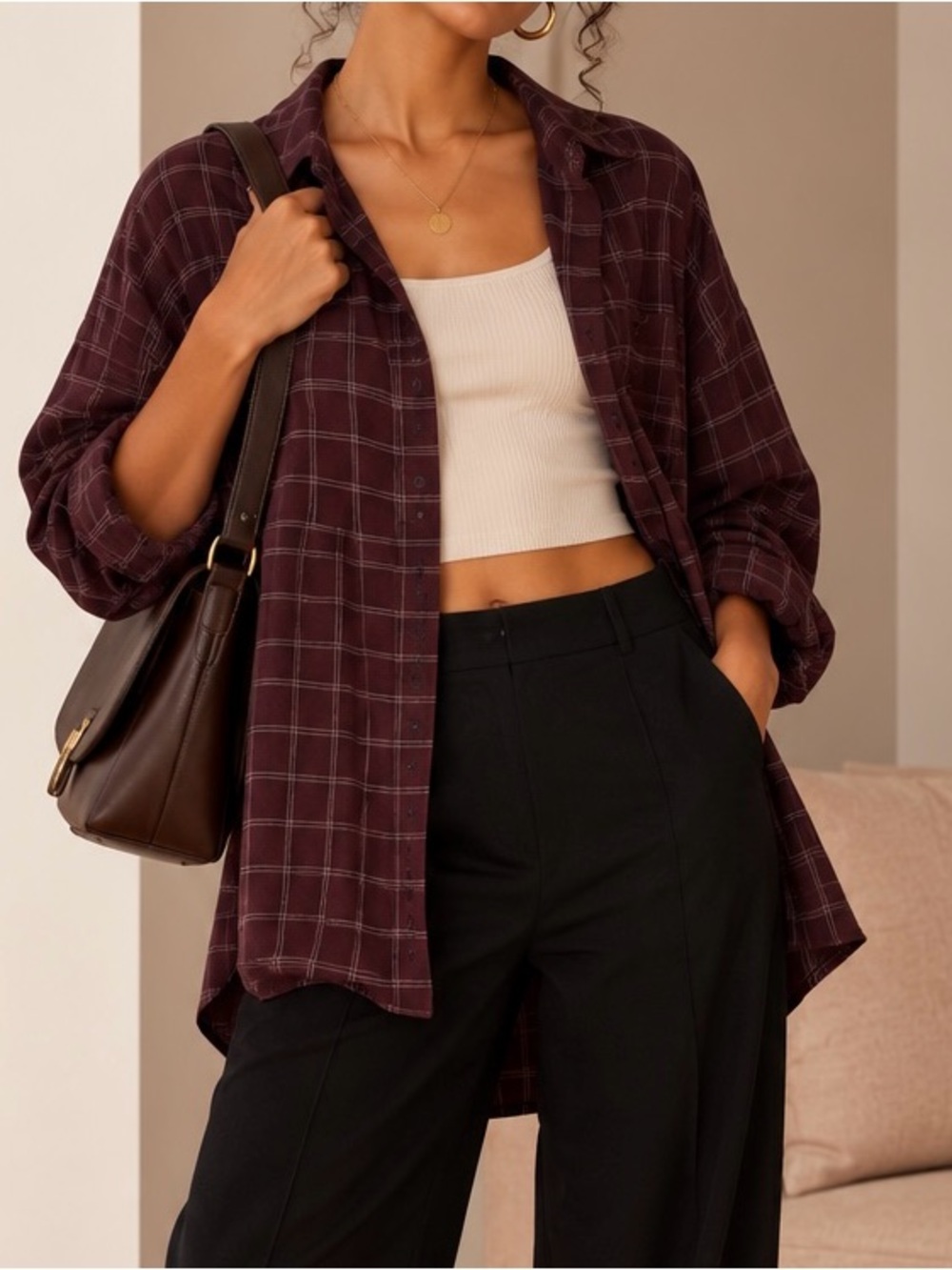 Men’s Burgundy Plaid Button-Up Shirt - Casual Overshirt